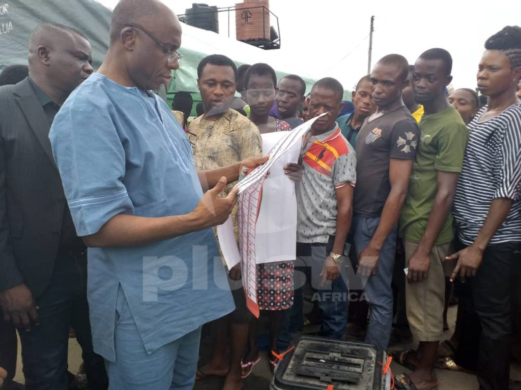 Minister of Transportation Chibuike Rotimi Amaechi voting in his Ward 8, Unit 14 Ubima, in Ikwerre LGA of Rivers State