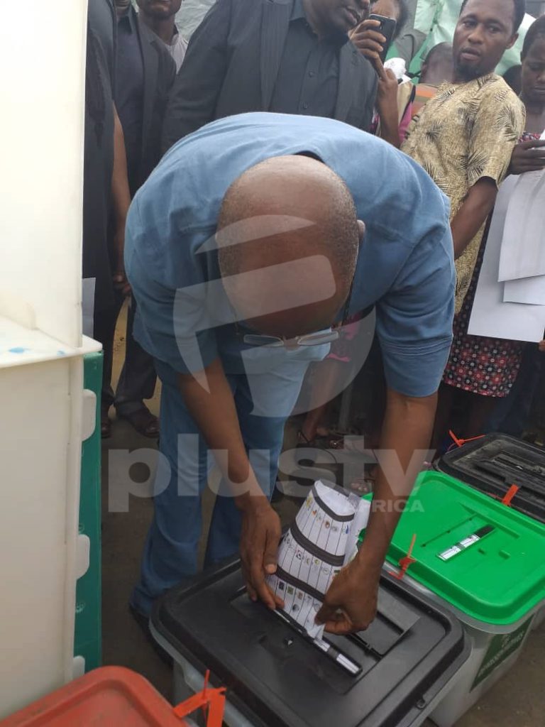 Minister of Transportation Chibuike Rotimi Amaechi voting in his Ward 8, Unit 14 Ubima, in Ikwerre LGA of Rivers State